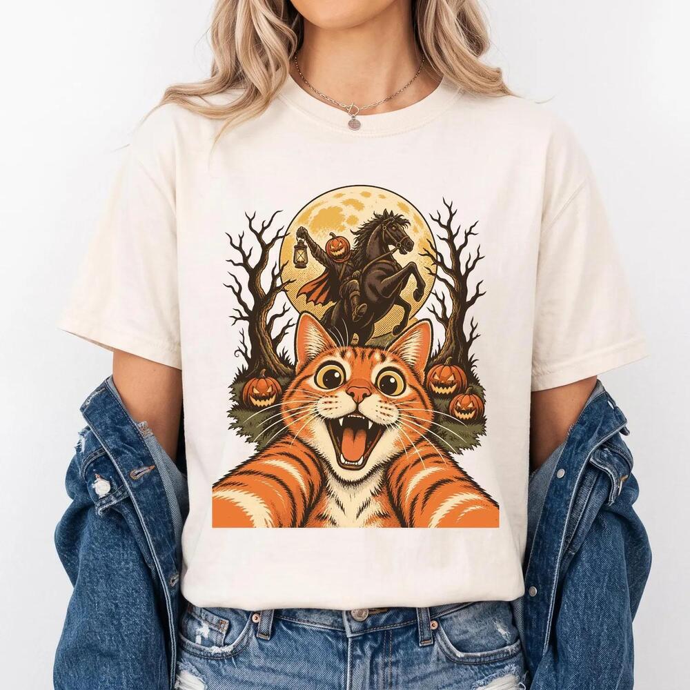 Funny Halloween Cat Shirt, Headless Horseman Selfie Tee, Retro